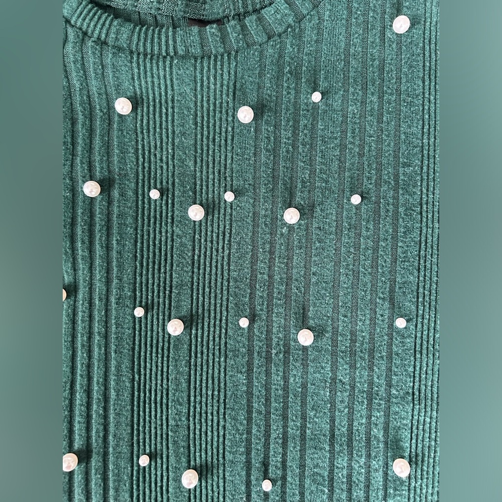 SHEIN | Dark Green Rib Knit Lightweight Sweater with Pearl Detail | Size Small - Picture 3 of 10